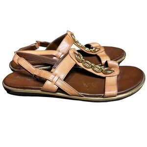 Naturalizer Harrison Brown Leather Gold Chain Embellishment Sandals Size 9 W